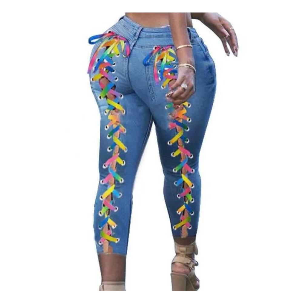 Womens Rainbow Lace Up Back Skinny Jeans Blue Stretch 4XL Pride Y2K Festival